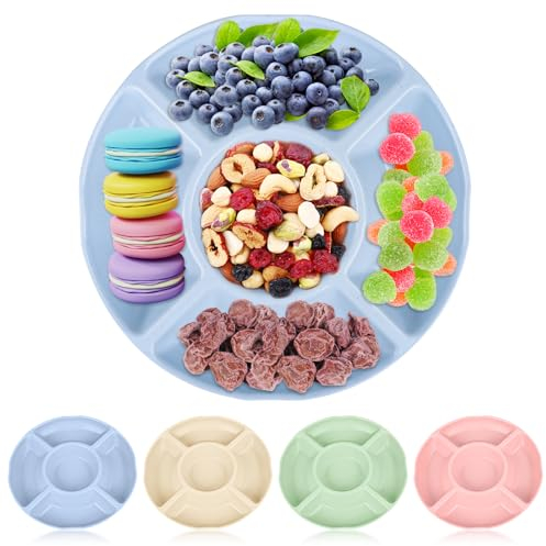 Encuryna 4 Stück Snackteller mit Fächern, Wiederverwendbar Snack Tablett, Kreative 5 Fach Anti-Rutsch Geteilte Süßigkeiten Box Servierplatte für Nuss Candy Getrocknetes Obst Essen für Home Party