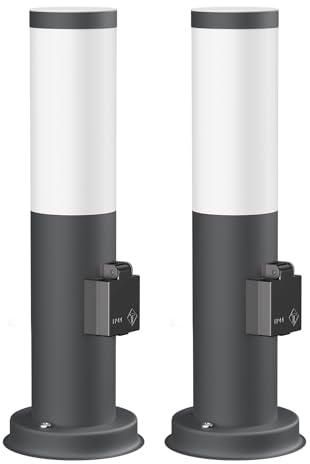ledscom.de 2 Stück Pollerleuchte PORU mit Steckdose für außen, anthrazit, 39 cm, inkl. E27 Lampe, Energieeffizienzklasse A, (warmweiß, 4W, 935lm)