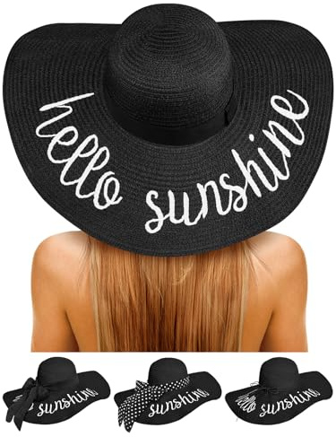 Senker Fashion Beach Hats for Women, Floppy Straw Sun Hat Embroidered Wide Brim for Summer Honeymoon Vacation Cruise Black