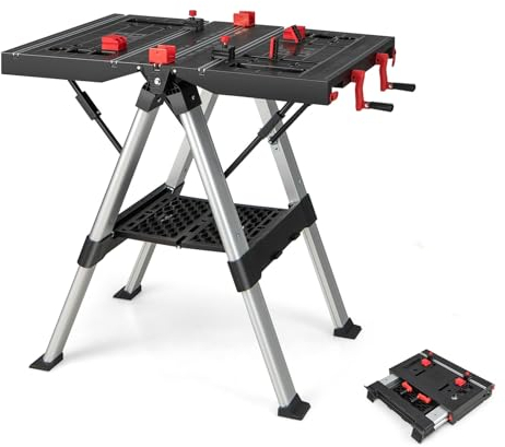 GYMAX Banco de Trabajo Plegable, Altura Ajustable con Sistema de Sujeción y Estante para Herramientas, Mesa de Trabajo Estable con Marco de Metal, Mesa Tensora para Bricolaje y Carpintería (Rojo)