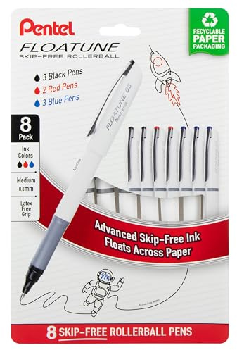 Pentel Floatune Rollerball Pen, (0.8mm), Medium Point, Black/Blue/Red Ink, Pack of 8 pens (BY108PF8OFC)