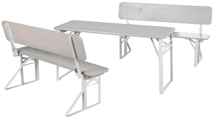 roba Outdoor Party-Garnitur für Kinder - Kindersitzgruppe mit Lehne aus FSC zertifiziertem Holz - 2 Bänke + 1 Tisch - Klappbare Sitzmöbel ab 24 Monaten - Grau lasiert