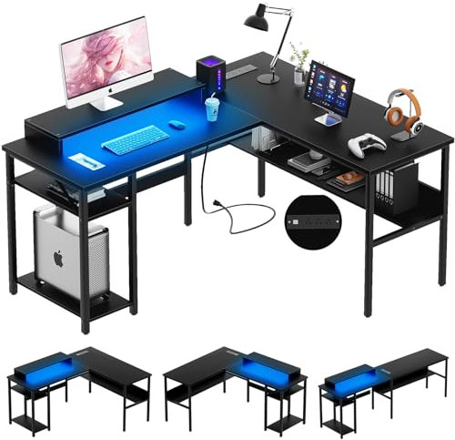 Unikito Scrivania reversibile a forma di L con prese di corrente magiche e luce LED intelligente, robusta scrivania angolare per computer con supporto per monitor e ripiani portaoggetti, tavolo da