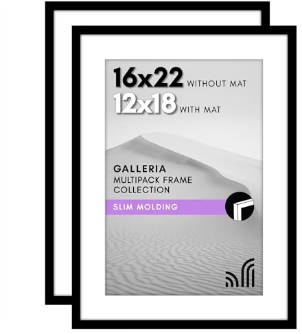Americanflat 16x22 Picture Frame Set of 2 - Polished Plexiglass - Use as 12x18 With Mat or 16x22 Without Mat - Galleria Collection - Gallery Wall Display - Black