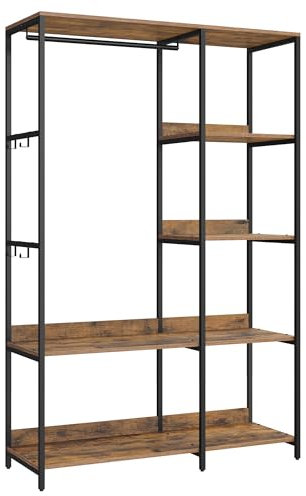SONGMICS Kleiderschrank offen, Kleiderständer, Garderobenständer, Garderobe mit Kleiderstange, Ablagen, abnehmbare Haken, 40 x 98 x 181 cm, vintagebraun RGR024B01
