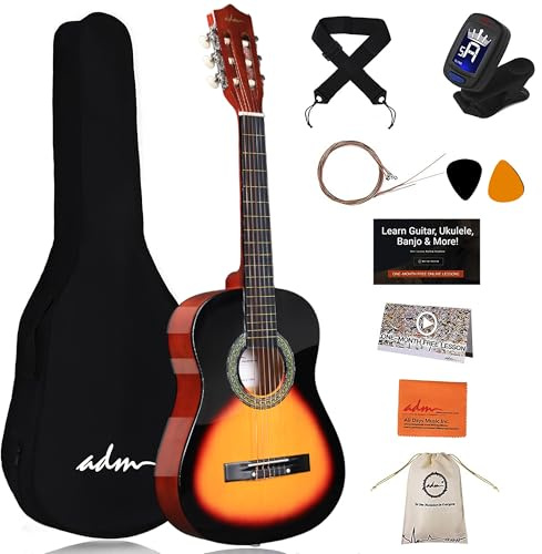 ADM 1/2 Kids Classical Guitar Kit, 34 Junior Guitar Set for Beginnners with Gig Bag, Clip on Tuner, Strap, Picks, Extra Strings, Storage Bag and Cleaning Cloth(Peachy Sun)