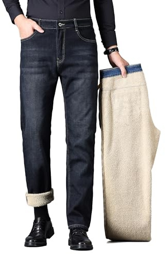 ziilay Förtjockade lammskinn, termojeans, män, termobyxor, snöbyxor, teddyfleece, fodrade vinterbyxor, stretch, Retro svart, 31W / 30L