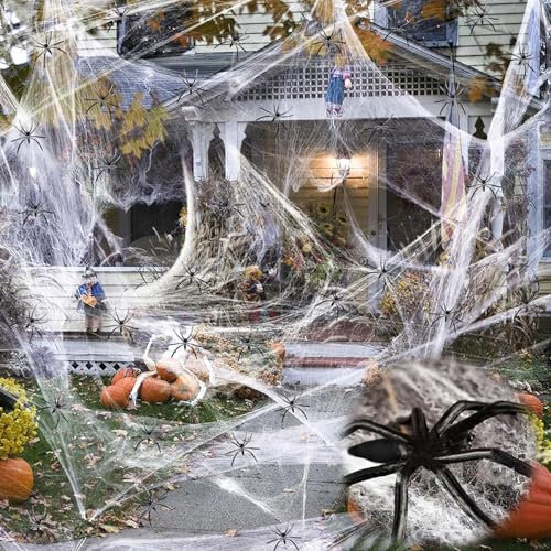 MagiSel 100g Spinnennetz Halloween Deko, Spinnweben mit 20 Schwarz Spinnen, Realistische Scary Horror Spider Web für Innen Outdoor Halloween Dekoration & Partyzubehör, Garten, Spukhaus - Weiß