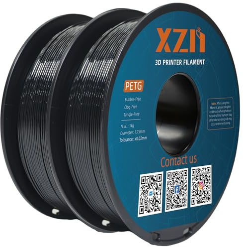 XZN PETG Filament 1.75mm Schwarz 2 kg Spule, Größe Genauigkeit +/-0.02mm, mit Schlagfestigkeit und Flexibilität, 1.75mm PETG Filament für die meisten FDM 3D Drucker, 1KG pro Spule, 2x Schwarz