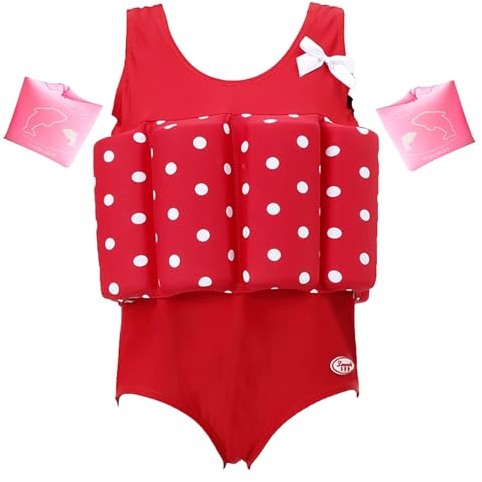 Kids Girls Float Suit with Adjustable Buoyancy Bars Baby Swim Vest for 1-10 Years One-Piece Toddler Swimsuits Quick Dry Girls Bathing Suit with Arm Floaties Floatation Suit Swimwear for Sea Beach Pool