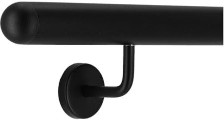 TIBU Pasamanos de aluminio negro 30-600 cm pasamanos de pared escalera soporte de acero inoxidable en ángulo, longitud 120 cm con 2 soportes y tapa semicircular