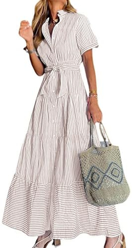 utcoco Womens Casual Short Sleeve Button Down Tie Waist Ruffled Striped Maxi Shirt Dress (Small, Khaki)