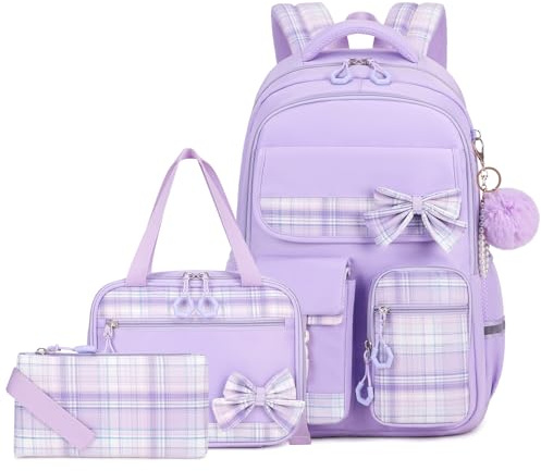 Amythe Zaino per Ragazze Delle Scuole Elementari e Medie 3 pezzi con Lunch Bag e Astuccio, Cartella Scolastica per Ragazze di 9-16 anni, Zainetto per Bambini Carino e Casual, Viola