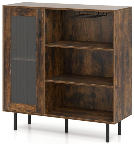 GIANTEX Armario para Vinos con Puerta, Aparador Buffet con 3 Compartimentos Abiertos y Portavasos, Estante Ajustable, 95 x 35 x 98 cm, Mueble Auxiliar para Comedor, Cocina, Salón