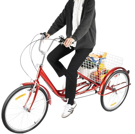 24 Zoll 6-Gang Dreirad für Erwachsene mit Licht & Einkaufskorb, 3-Rad-Cruiser-Fahrrad Lastenfahrrad Einkaufen Dreirad Erwachsenendreirad, Verstellbarer Sitz für Erwachsene SeniorenOutdoor-Sport