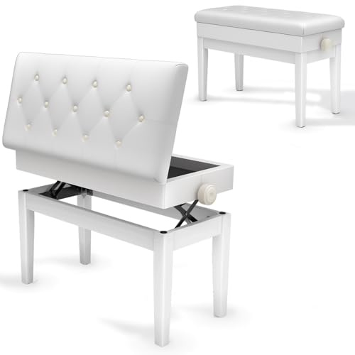 Clevich Sgabello per pianoforte, regolabile in altezza, 48 – 58 cm, con vano portaoggetti, panca per pianoforte con cuscino in pelle PU, sedia per pianoforte, resistente, portata fino a 200 kg, Bianco