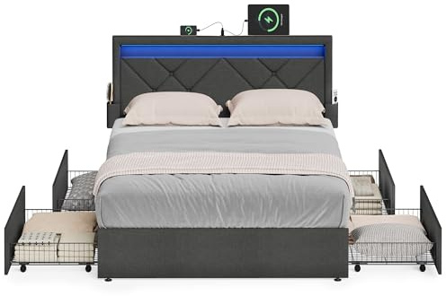 VASAGLE Double Bed Frame with LED Lights, Adjustable Headboard, Platform Bed with Underbed Storage Drawers, USB-A and USB-C Ports, 500 kg Weight Capacity, No Box Spring Needed, Slate Grey RMB926GN01