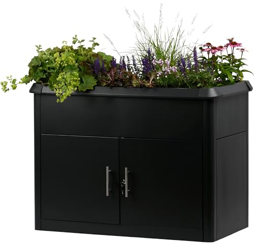 dobar XL upphöjd bädd av metall med underskåp – upphöjd planteringsbädd med snigelkant 125 L – planteringslåda med integrerat utrustningsskåp – 107 x 58 x 78 cm – antracit