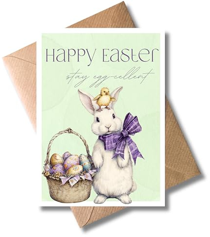 WBdesignz Tarjeta de Pascua con sobre, dulce tarjeta de felicitación Happy Easter stay egg-cellent con conejo de Pascua blanco, cesta de huevos multicolor y pollito pequeño, diseño de Pascua para