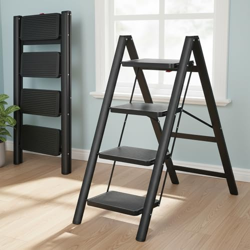 Escabeau 4 Marches Pliable, Marche Pied Pliant avec Pédales Antidérapantes, Échelle Domestique pour Maison, Cuisine, Bureau, Léger Portable, Charge Maximale 150 kg, Noir