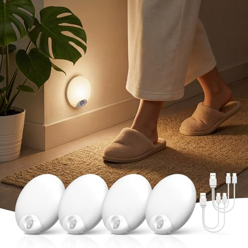 Luz Nocturna Sensor de Movimiento Interior, Lampara LED Recargable 4 Piezas