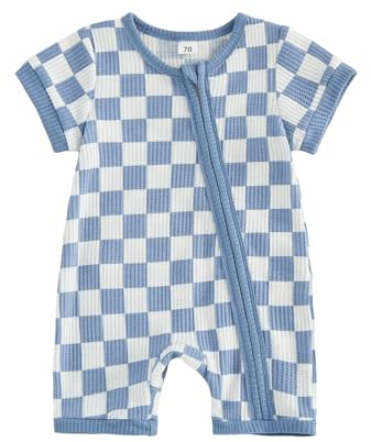 XIXIMAON Baby Boy Romper Newborn One Piece Outfit Boys Summer Clothes Checkerboard Print Short Sleeve Zip Up Knitted Jumpsuit Waffle Playsuit 0-18M (Blue, 3-6 Months)