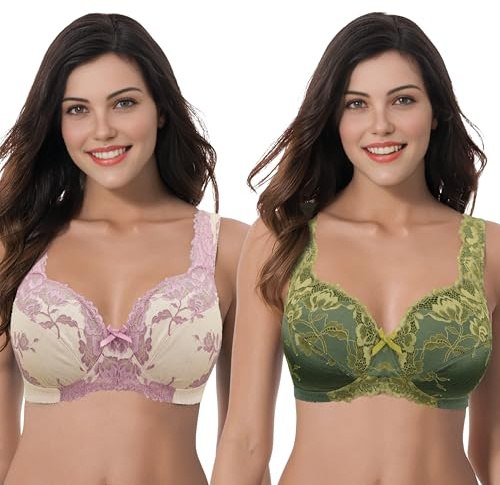 Curve Muse Sujetadores de Cobertura Completa de Encaje inalámbrico sin Forro para Mujer Talla Grande minimizador-Paquete de 2-(EU:80B)