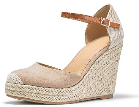 FISACE Womens Summer Espadrille Heel Platform Wedge Sandals Ankle Buckle Strap Closed Toe Shoes