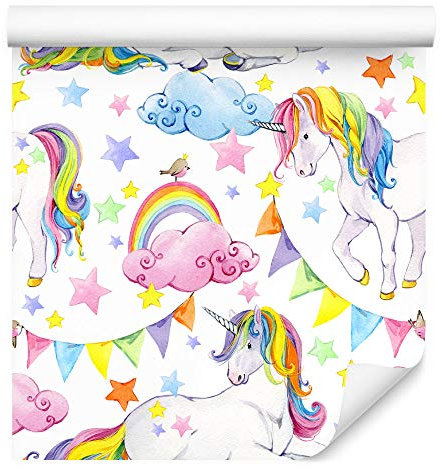 Wallepic - Carta da parati per bambini, 1000 x 53 cm, in tessuto non tessuto, motivo unicorno, multicolore