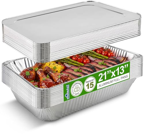 EHOMEA2Z Large Aluminum Pans With Lids Disposable Full Heavy Duty Roasting, Broiling, Baking, Catering Pans 21x13x3 (15, Full-Size w/Lids)