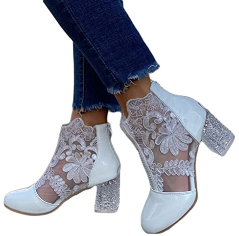 Minetom Femme Bottes Courtes Escarpins Plateforme Talons Hauts Bloc Dentelle Soirée Parties Chaussure Respirant Bottines B Blanc 36 EU