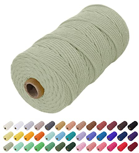 Uiopa Makramee Garn 2mm x 200m, Baumwollkordel Farbig Baumwollgarn Geflochten Baumwollseil, Natürliche Baumwollschnur für Wandbehang, Vorhang, Traumfänger, Hängepflanze, Deko (Bohnengrün)