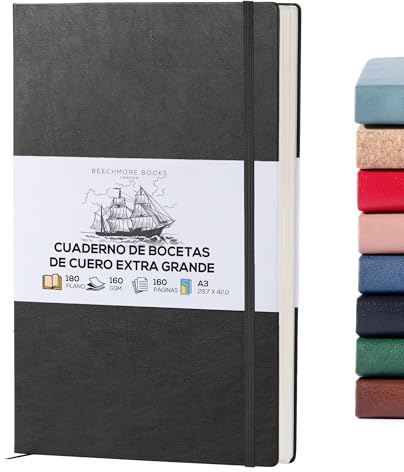 BEECHMORE BOOKS Cuaderno de bocetos A3 (29,7 x 42 cm) – 160 páginas, 160 g/m² | Tapa dura piel vegana, bloc en blanco, caja de regalo, hojas perforadas, bolsillo trasero, cinta marcapáginas