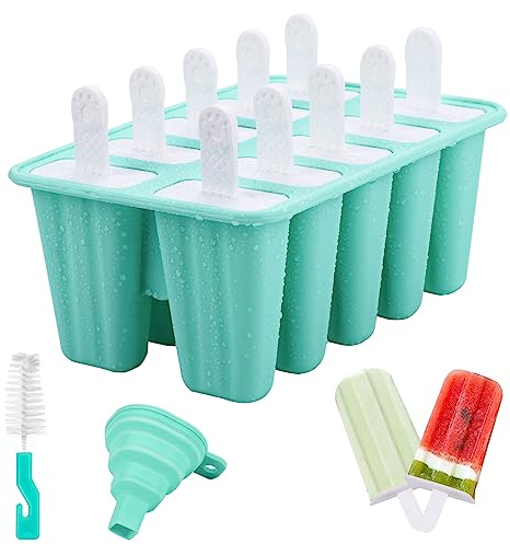 Eisformen Silikon, 10 Zellen Eis am Stiel Formen BPA Frei für Kinder, Popsicle Formen Set Mit Reinigungsbürste und Falttrichter - Grün