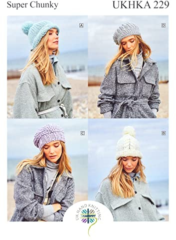 UKHKA Super Chunky Knitting Pattern for Ladies Pom Pom Cable Hat Beret & Beanie 229
