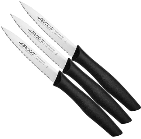 Arcos Serie Nova, Cuchillo Mondador, Hoja Serrada de Acero Inoxidable de 100 mm, Mango de Polipropileno Color Negro (Paquete de 3)