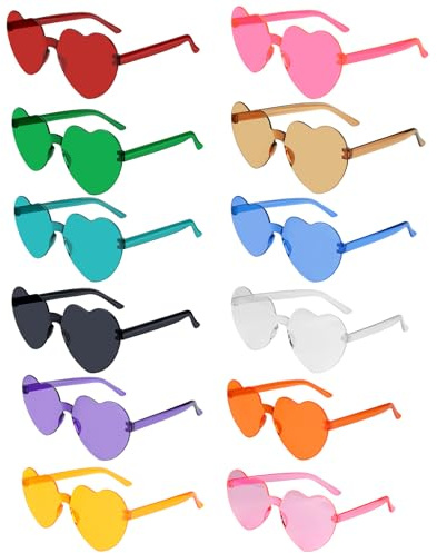 NACHLYNN 12 Lunettes de soleil en forme de cœur pour femme, 12 couleurs, sans bord, en forme de cœur, transparentes, couleur bonbon, pour cadeaux de fête