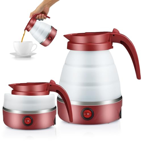 Bouilloire portable de Camping 600ML, EUBSWA Bouilloire pliable, Mini bouilloire électrique en silicone pour le camping, le voyage, l'extérieur (Rouge)