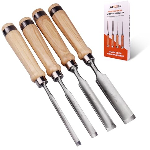 ATOPLEE 4PCS Wood Chisel Set,Curved Inner Bevel Woodworking Chisel Chrome Vanadium Steel 5/16,1/2,3/4,1 for DIY,Carpenter Craftsman,Beginners Hobbyists
