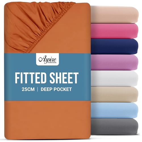 Aspire Homeware Single Fitted Sheet - 25 cm Deep Hotel Quality (Rust) Bed Sheets - Soft & Breathable Fitted Sheet Single Bed - Anti-Wrinkle Easy Care Fitted Sheets