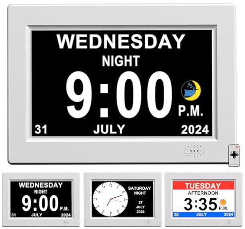 Extra großer digitaler Wecker mit eingeschränkter Sicht mit Tag und Uhrzeit für ältere Menschen, Kalenderuhr, automatisch, dimmbar, 20,3 cm, Weiß