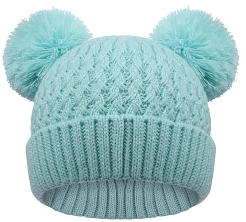 KDVOG Kids Winter Hat Warm Knitted Beanies with Double Pom Pom Thick Ski Cap for Boys Girls 7-12 Years Mint Green