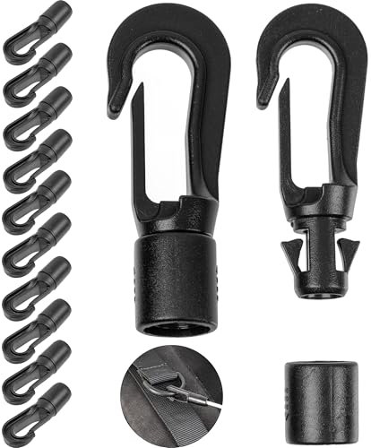 Kunststoff Karabinerhaken, 12 Stück, in Schwarz, für Ø 2-3 mm Dicke Bänder, DIY Plastikhaken für Gummiseil, Leine, Schnurband, Kordel Haken mit Stecksystem, Planenseil Spanner Gummileine Seilhaken