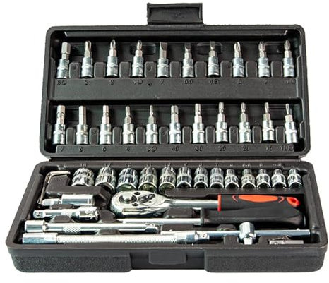 Rixotix Juego de 46 llaves de vaso de acero Cr-V con carraca reversible de 1/4, llaves de vaso, puntas de vaso, caja de herramientas