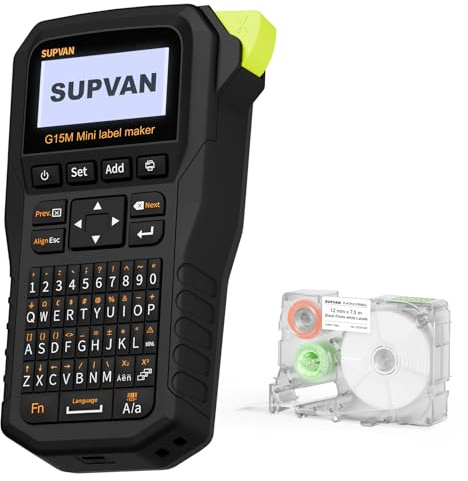 SUPVAN G15M Mini Handhållen Etikettskrivare med QWERTY-Tangentbord | Termisk Överföring, 11 Etiketttyper, Bakgrundsbelyst Skärm, Uppladdningsbart, Smalare Marginal, för Hem, Kontor & Industri