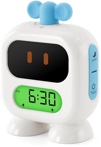 Seucasu Kids Alarm Clock Ok to Wake with Green Light Red Light, Nap Timer, Robot Toddler Sleep Training Clock for Children (Blue)
