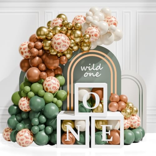 Decoraciones 1er Cumpleaños caja para Niño,3 cajas transparentes con globos verdes y blancos y Letra UNO,Conjunto De Animales para Baby Shower Cumpleaños Niño decoracion cumpleaños 1 año Babyparty