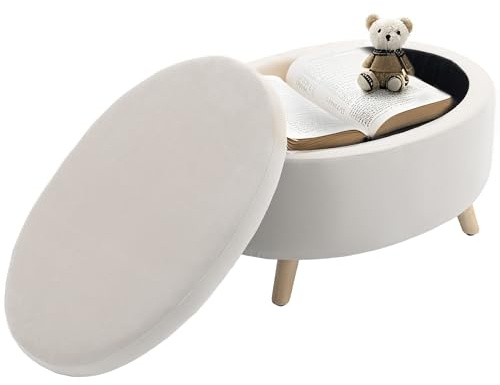 HOMCOM Coffre de Rangement, Tabouret Ovale, Banc de Rangement en Velours, Pieds en Bois d'hévéa, pour la Chambre à Coucher, entrée, Salon, Charge 120 Kg, 71 x 51,5 x 42 cm, Beige