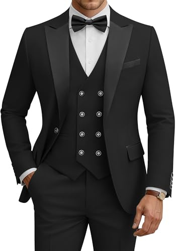 WULFUL Men's 3 Piece Suits Slim Fit Tuxedo Suit Set Double Breasted Suit Jacket Vest Pants Set for Wedding Prom Black
