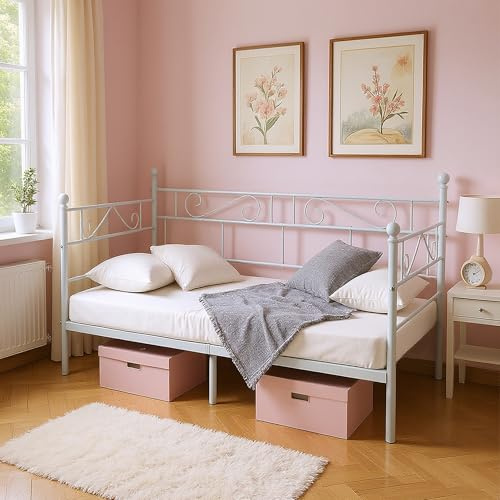 Songvas Canapé-Lit Métal 90x190 cm Lit Banquette Multifonction avec Rangement sous Lit 32cm, Charge Max 120kg, Revêtement Poudre Antirouille, pour Chambre Ado Étudiant Salon Balcon, Blanc